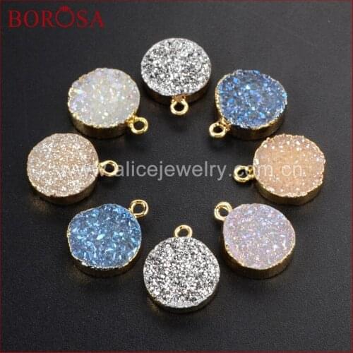 BOROSA Druzy Jewelry 10 pcs Gold Color Round Rainbow Natural Crystal Druzy Titanium Druzy Charm Fashion Jewelry G1075