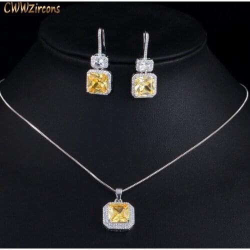 CWWZircons Brand Luxury Fashion Square Yellow Cubic Zirconia Dangle Drop Earrings and Necklace for Women Fine Jewelry Sets T516