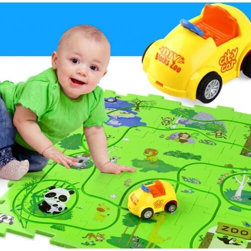 Children Mini Car Running Cartoon Animal Track Assembling Puzzles Map early Education kid Toy