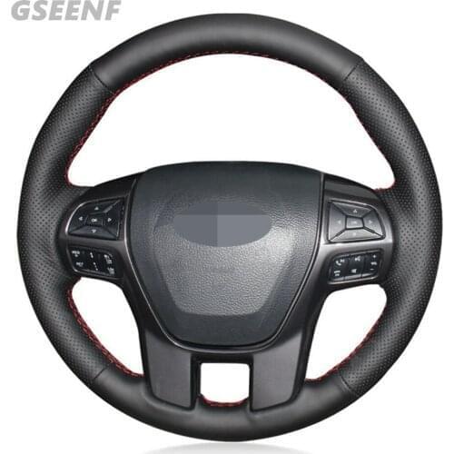 Car Steering Wheel Cover For Ford Ranger 2016-2019 Everest 2016-2019 Black Hand-stitched Genuine Leather