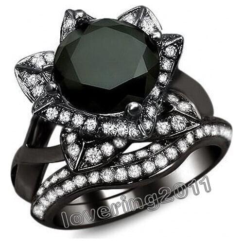 Size 5-10 Fashion Jewelry 10KT Black Gold Filled 5A CZ Pave Setting Women Wedding Flower Finger Bridal Ring Set Gift