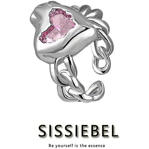 Sweet Heart-Shaped Open Rings Inlaid With Pink Gem Lovers' Metal Jewelry Personalized Fashion Ins Hip Hop Accessories For Woman