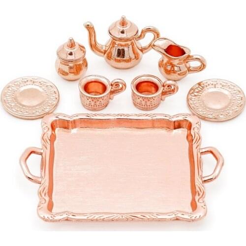 Odoria 1:12 Miniature Tea Cups Set 8PCS Copper Coffee Set Tableware Kit Dollhouse Kitchenware Accessories