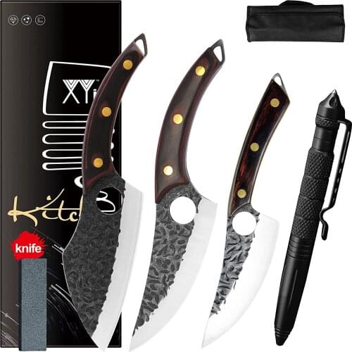 XYJ 5pcs/set Full Tang Boning Knife With Knives Bag Stainless Steel Meat Cleaver For Kitchen Camping Outdoor Hunting Tool Set