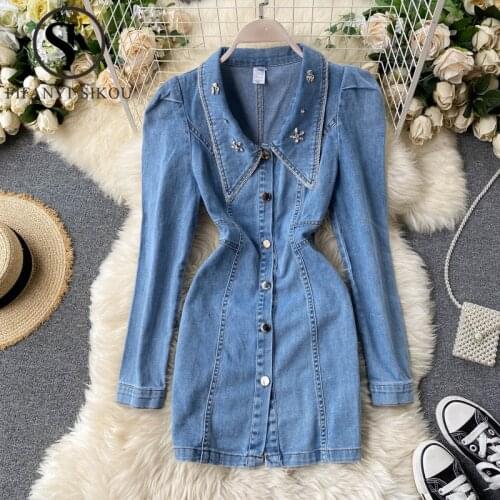 Autumn Womens Denim Dress Single Breasted Fashion Beading High Waist Long Sleeve Jeans Dress Female Elegant Slim Mini Dress