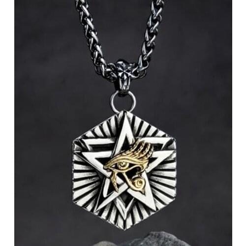 Classic Ancient Egypt Pentagram Hexagon The Eye of Horus Pendant Necklace Mens High Quality Metal Punk Amulet Jewelry