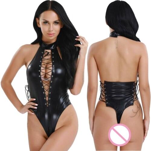 Sexy Halter Backless Women Faux Leather Lingerie Bodysuits Latex Catsuit fetish lingerie sexy hot erotic cat Porno Clubwear