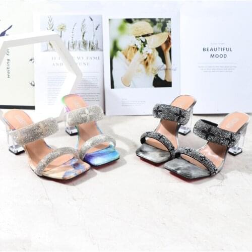 Slides Flower Rhinestone Straps Crystal Heels Womens Slippers Fashion Wear Summer Sandals 2021 Sexy Party Ladies Shoes Slip-On