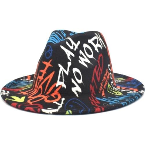 New Fashion Handmade painting Wool Felt Wide Brim Fedora Hat Men Women Winter Derby Wedding Church Jazz Hats 58CM