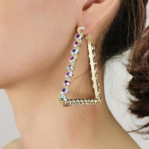 Triangle Rhinestones Hoops Earrings For Women Fashion Bling Crystal Earings Statement Jewelry Gold 2021 Accessories UKMOC