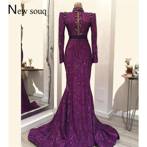 Vintage Formal Evening Dresses 2019 Purple African Party Dress Mermaid Long Sleeves Arabic Gowns Prom Dress Muslim Custom Made