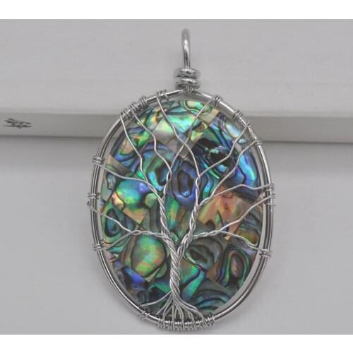 Natural Lucky Handmade Tree of life New Zealand Abalone Shell Oval Wire Wrap GEM Pendant Jewelry S069