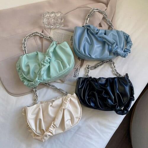 Women Fashion Pleated Thick Chain Semicircle Shape PU Leather Shoulder Underarm Bag Ladies Casual Solid Color Small Handbags