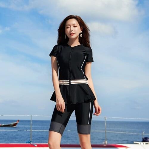 Womens Swimwear Two Piece Rashguard Sport Plus Size Separate Swimsuit Beach Surfing Black Zip Swimming Suit Shorts 5XL Wetsuit