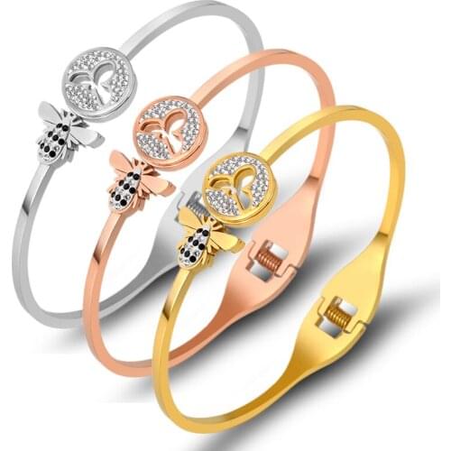 2021 Classic Insect Design Bees Crystals Bangle Bracelet For Women Stainless Steel Gold Color Cuff Bracelets Famous Jewelry Gift