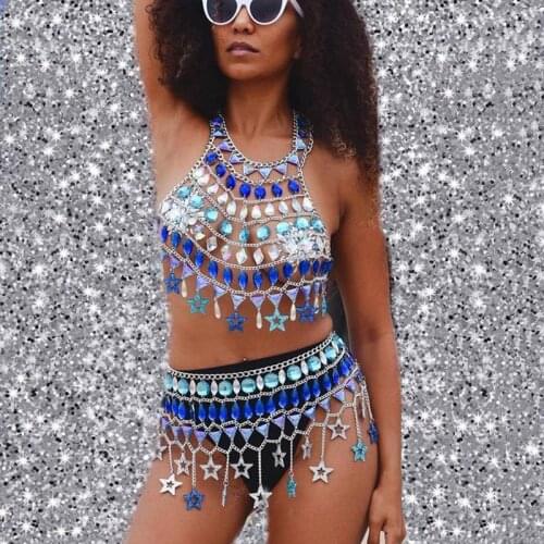 Glitter Gems Star Two Piece Outfits Sleeveless Backless Crop Tops Metal Link Chain Mini Skirts Sexy Ladies Matching Sets 2019