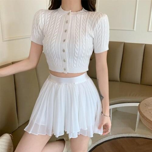 Summer Korean Fashion Casual Two Piece Set Women Knitted Sweater Cardigan Crop Top + Pleated Skirt Suits Ladies Sweet 2pcs Set