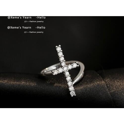 New Gothic Zircon Silvery Cross Shape Opening Ring For Woman Korean Fashion Jewelry Wedding Party Girls Unusual Sexy Ring Set