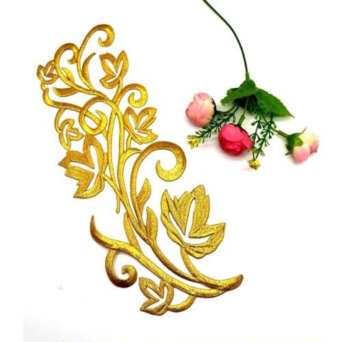 1 Piece Gold Embroidered Patches Iron On Flower Appliques For Garment Diy Trims Shiny Metallic Golden Accessories 27.5*10cm