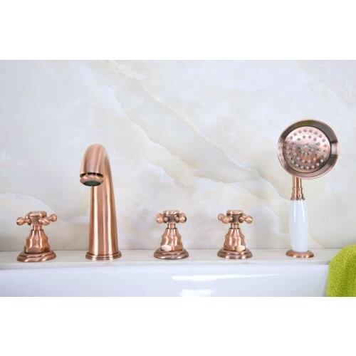 Antique Red Copper Brass Widespread Three Handles Deck Mounted 5 Holes Bathroom Tub Faucet Mixer Tap With Handshower mtf238