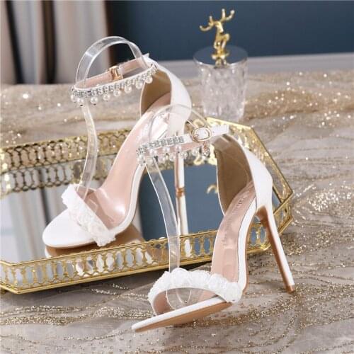 Summer Fish Mouth High Heels White Wedding Shoes Bride Big Size Lace Flower Fashion Sandals Ladies Ankle Strap Party Dress Shoes