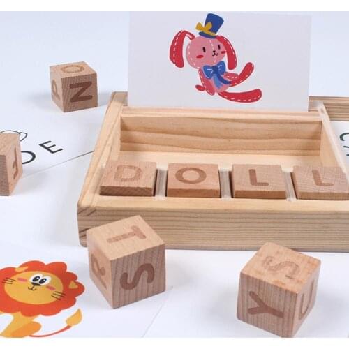 Montessori Wooden Alphabet English Word Puzzle Cubes Paper Cards Toddler Early Education Cognition Kids Toy