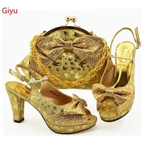 Doershow beautiful Shoes With Matching Bags Set Italy African Womens Party Shoes and Bag Sets gold Color Women shoes!!SKO1-13