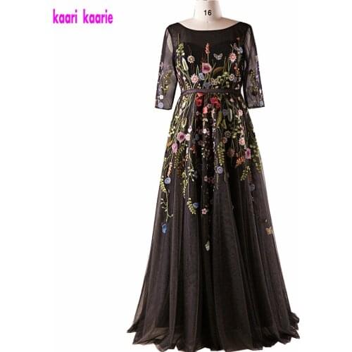 Elegant Black Plus Size Evening Dresses Long 2021 vestidos de fiesta de noche Half Sleeves Embroidery A Line Women Party Gowns