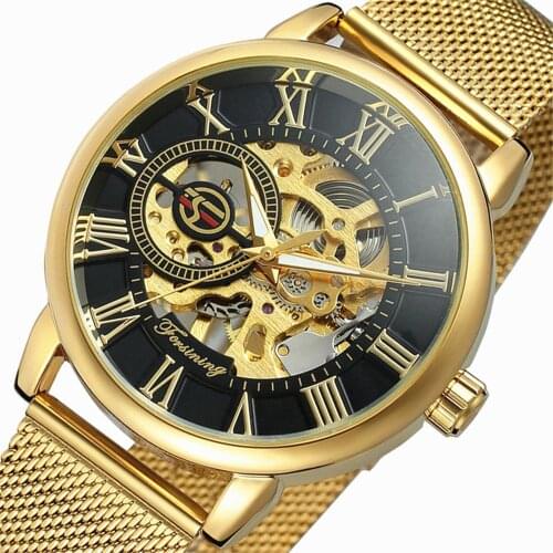 Forsining Transparent Case New Fashion 3D Logo Engraving Golden Stainless Steel Men Mechanical Watch Top Brand Luxury Skeleton