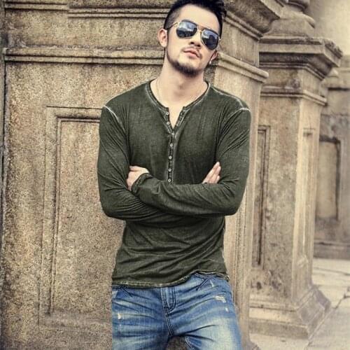 High Quality Cotton Vintage Henry T Shirt Men Causal Long Sleeve Button V-Neck 6 Color Breathable Slim T-Shirt Euro Size M-3XL