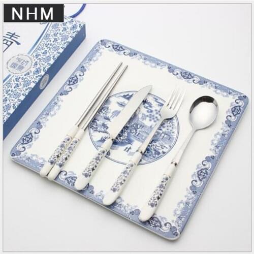 China wind blue and white porcelain tableware box ceramic tableware stainless steel knife fork 4 piece set