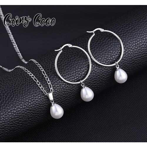 Female Water Drop Pearl Jewelry Sets 2021 Stainless Steel Figaro Chain Necklace Fashion Hoop Earrings and Necklaces for Women