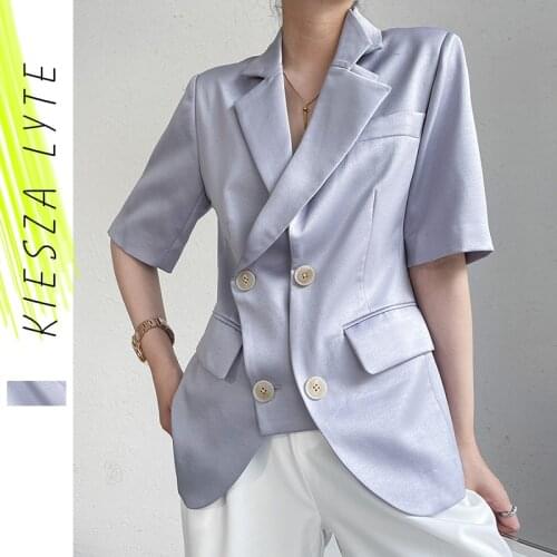 Summer 2021 New Satin Blazer Womens Casual Suit Jacket Solid Purple Short Sleeve Outwear Female Casco Feminino