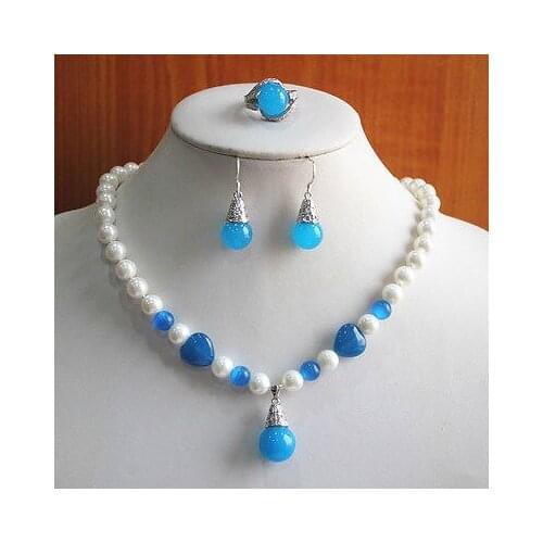 Nobility Lucky womens natural Charming new lady style Mixed Colors Pearl/gem Necklace Earring Ring Jewelry Set