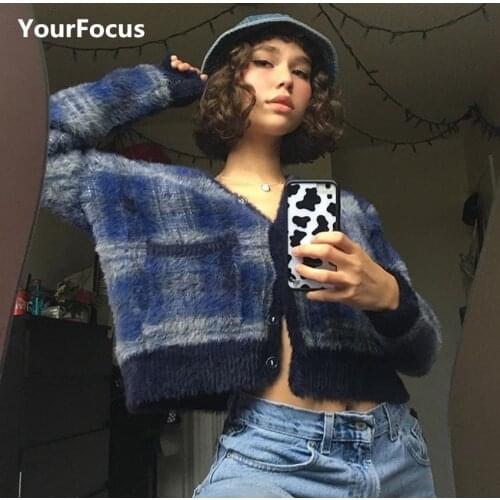 New cute kawaii vintage furry plush crop tops blue plaid short loose cardigan long sleeve V-Neck knitting sweater women