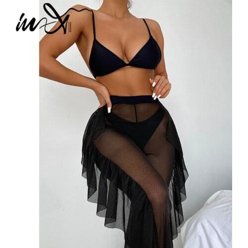 In-X Solid bikini 2021 Mesh 3 pieces set Sexy swimsuit women Elegant swimwear female Ruffle swimming suit Sports bathing suit