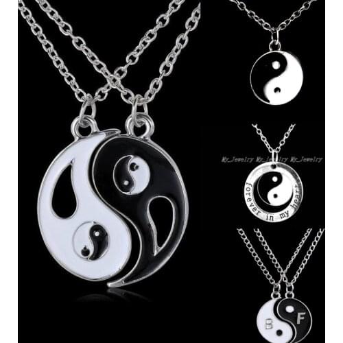 2PC Gossip Tai Chi Yin Yang Pendant Black & White Charm Chain Necklace Family Best Friend Couples Gifts Women Men BFF Jewelry