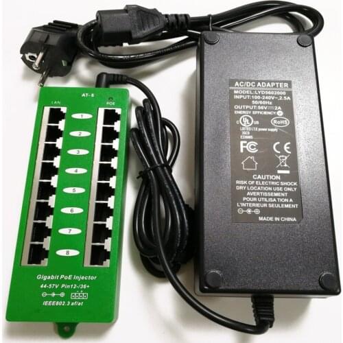 PoE World AT-8-56v120w | 8 Port Gigabit 802.3af Power Over Ethernet Injector with 56 Volt 120 Watt Power Supply for UBNT / Cisco