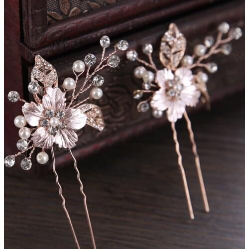 Rose Gold Bride Hair Sticks Wedding Hair Accessories Handmade Crystal Hairpin Pearl Wedding Hair Sticks Decoration