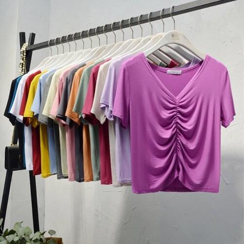 Plus size Women Modal cotton shirt 4XL 5XL 6XL big size Korean fashion sexy Pleated V-neck blouse tops red lavender yellow blue