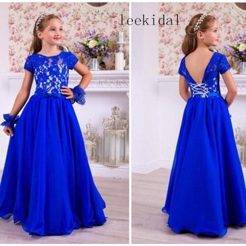 Blue Lace Chiffon Vintage Flower Girl Dress Floor Length Girls Brithday Dress Long Blue Chiffon Kids Dress Custom