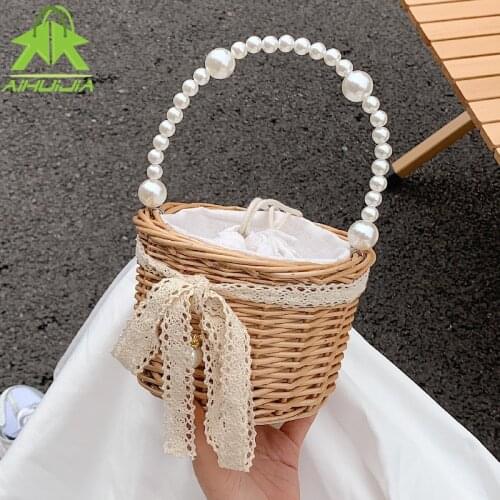 Beading Chain Small Straw Bag 2021 Summer New Bohemia For Women Rattan Weave Travel Beach Bucket Bag Womens Fashion Handbags