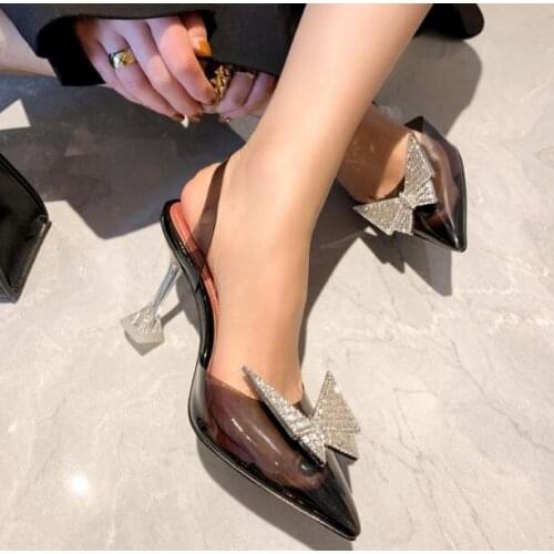 Hot Woman Black White Clear PVC Butterfly Knot Shallow Pumps Female Pointed Toe Crystal Bling Slip On Elastic Band Heels Shoes