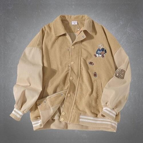 Bear Embroidery Patchwork Corduroy Baseball Jacket Mens Streetwear Vintage Harajuku Oversize College Style Jackets Couples Coats