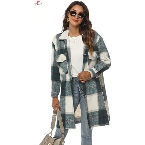 Womens Casual Plaid Wool Blend Shacket Button Shirt Long Jacket Coat