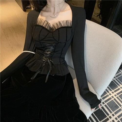 Womens spring autumn black long sleeve Casual slim Shirt Femal square neck net yarn patchwork base Shirt Blouse TB4047