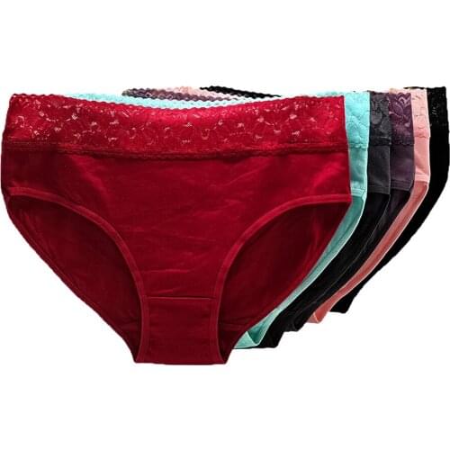 6 Pack Plus Size Women Underwear Briefs High Waist Solid Lace Cotton Ladies Panties Underpants Lingerie Everyday Style #9512