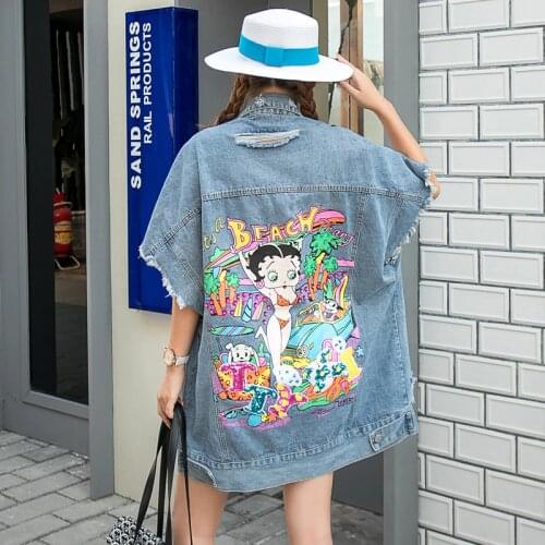 Women Beaded sequins denim vest womens spring cartoon lapel cardigan single-breasted jacket Y743