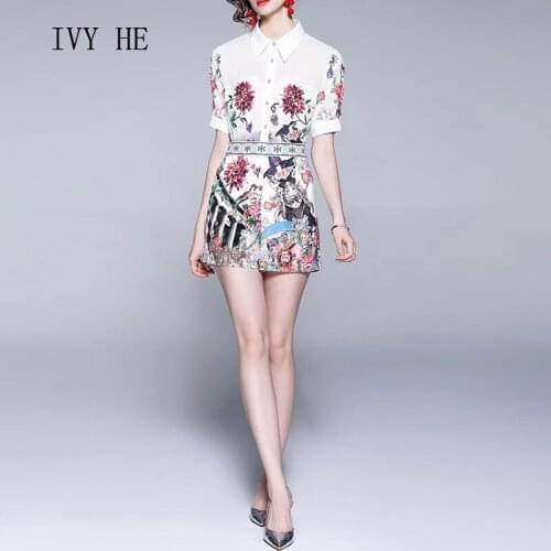 IVY HE High Quality Summer New Print Shirt Shorts Womens Suit 2021 Traf Robe ZA Fashion Two Piece Short Sleeve With Belt Suit