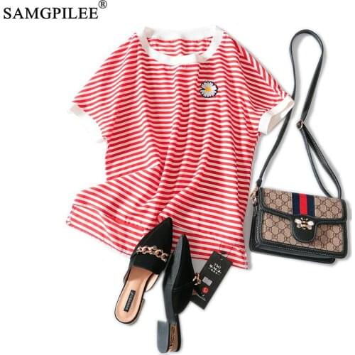 2021 Women Summer Clothing Womens Tshirts Casual T-shirts Chiffon Short Sleeve Striped O-neck Femme T-shirts Brand Women 3XL